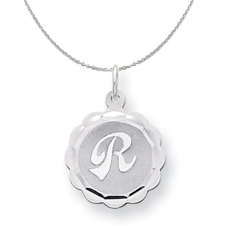 Silver, Sarah Collection 15mm Brocaded Disc Initial R Necklace - 16 In